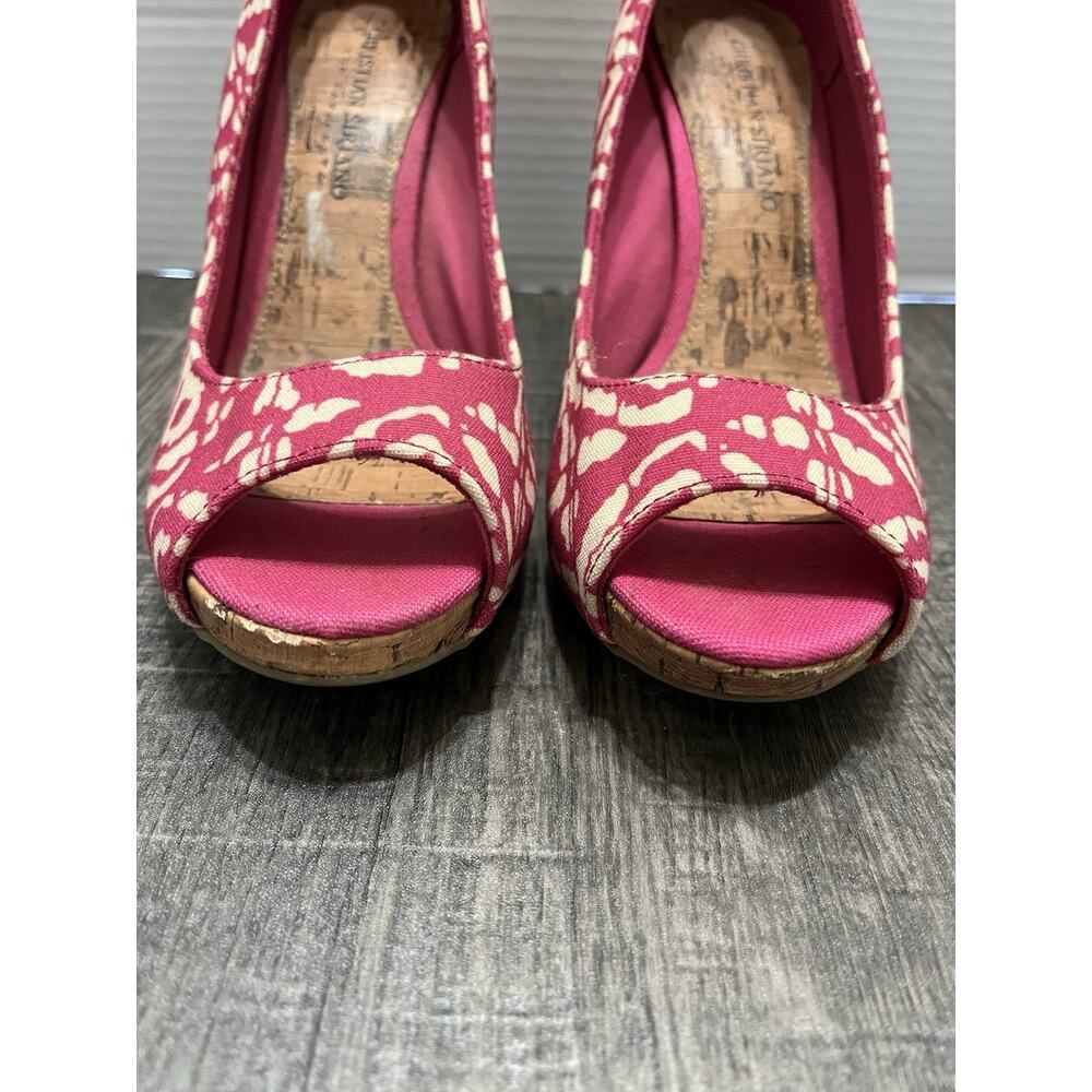 CHRISTIAN SIRIANO Women’s Pink & White Ikat Canvas & Cork Peep Toe Pump Heel 7.5 - Picture 4 of 8